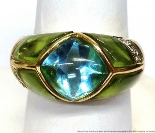 18k Yellow Gold Fine Diamond Blue Topaz Green Peridot Vintage Ladies Ring