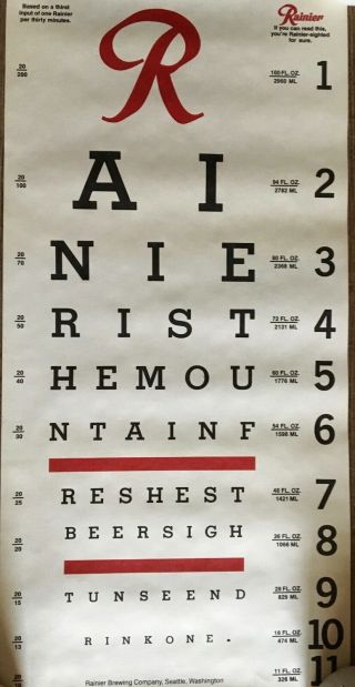 Vintage Rainier Beer Eye Chart Poster Rainier Brewing Company Seattle Washington