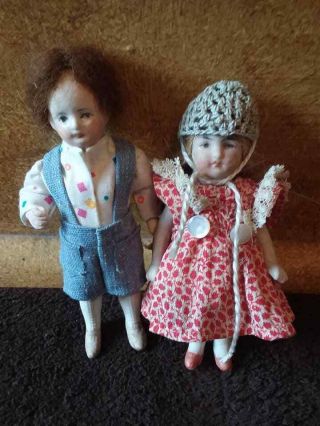 Antique German Dollhouse Boy & Girl 4 " Dolls Set