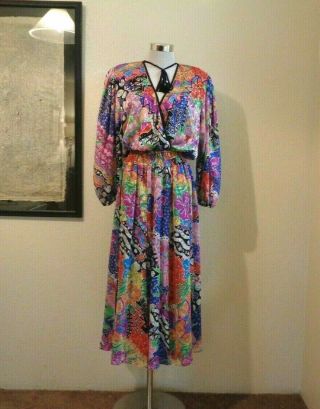 80s Diane Freis Multicolor/print Georgette Neck Ties Split Skirt Gypsy Dress