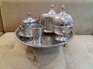 Very Old Moroccan Vintage Round Tray Carved Silver Plated For Tea Signed
