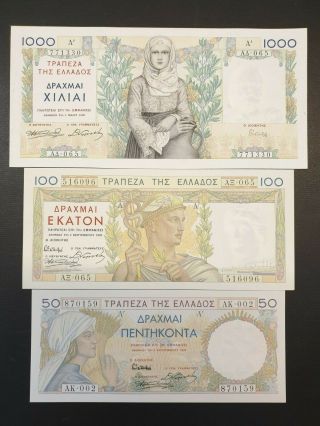Greece - Set Of 3 Notes - 50,  100,  1000 Drachmas 1935 Rare 100 Gem Unc Grade