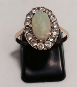 Vintage 9 Kt Yellow Gold Diamond & Opal Ring - Size 7 1/2 -