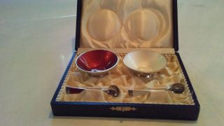 Vintage Ela Denmark Sterling Silver Red & White Enamel Salt Cellars W/ Spoons