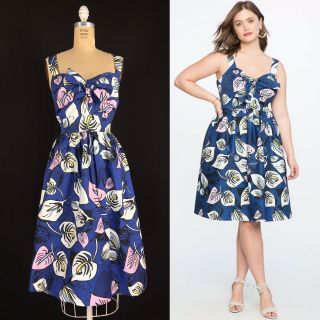 Eloquii Printed Anthurium Floral Sweetheart Front Tie Rockabilly Swing Dress 14