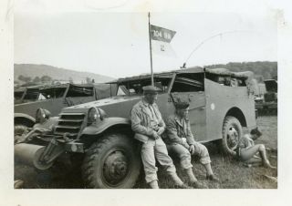Org Wwii Photo: American Gi’s With Armed Armored Scout Cars On Base
