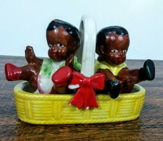 Vintage Black Americana Salt & Pepper Shakers Kids In Basket Japan Ceramic