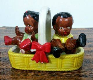 Vintage Black Americana Salt & Pepper Shakers KIDS IN BASKET Japan Ceramic 3