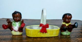 Vintage Black Americana Salt & Pepper Shakers KIDS IN BASKET Japan Ceramic 4
