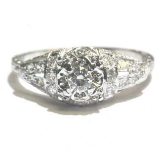 Platinum.  29ct Si1 H Round Diamond Vintage Art Deco Engagement Ring 3g Estate