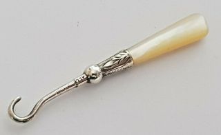 Rare Antique Mother Of Pearl & Solid Silver Glove Button Hook Adie & Lovekin