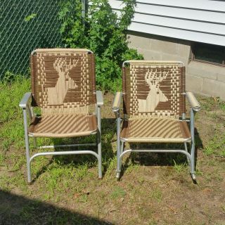 Vintage Aluminum 1 Folding Chair And 1 Rocker Hand Woven Brown Tan Deer Camp