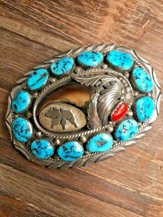 Vintage Navajo Danny Dale Sterling Silver Turquoise Coral Claw Buckle
