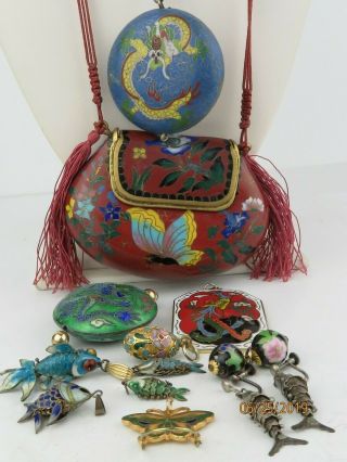 Vintage Chinese Cloisonne Enamel Clutch Purse Pendants Earrings 12 P.