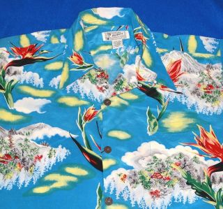 Xl Vtg Avanti Bird Of Paradise Silk Hawaiian Blue Sky Cream Hawaiian Mens Shirt