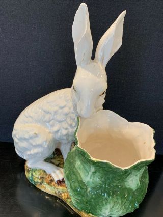 LIFE SIZE VINTAGE ITALIAN MAJOLICA CERAMIC RABBIT W/ CABBAGE PLANTER - INTRADA ? 12