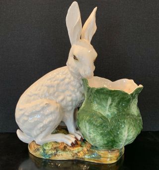 Life Size Vintage Italian Majolica Ceramic Rabbit W/ Cabbage Planter - Intrada ?