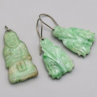 Antique Sterling Silver Green Jade Buddha Pendant Shou Dangle Earrings Set 7.  9 G