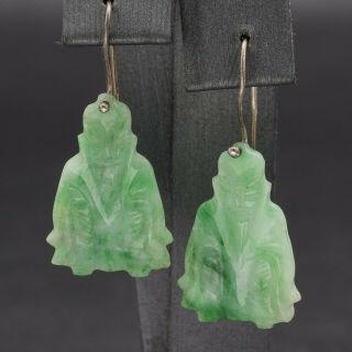 Antique Sterling Silver Green Jade Buddha Pendant Shou Dangle Earrings Set 7.  9 G 6
