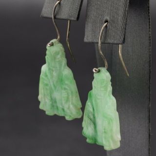 Antique Sterling Silver Green Jade Buddha Pendant Shou Dangle Earrings Set 7.  9 G 7