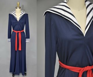 Vintage Vtg 70s 1970s Red White Blue Nautical Sailor Dress Gown Maxi Usa S/m/l