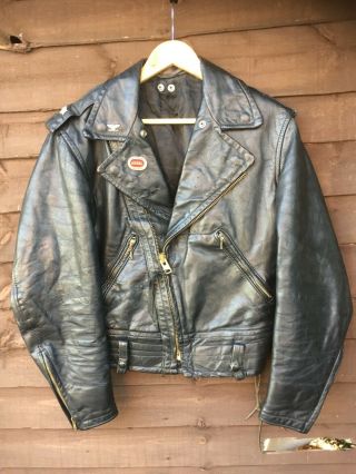 Vtg Usa Old Skool Black Leather Biker Motorbike Jacket Talon Zips Size Small