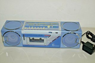 Vintage Sanyo Model M7740K MIni Boombox AM/FM/SW1/SW2 Cassette Blue 2