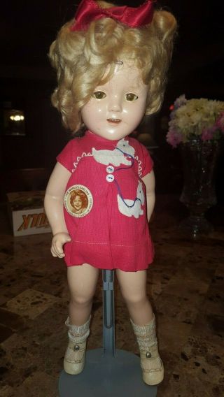 Vintage Ideal Shirley Temple Doll With Button On A Stand