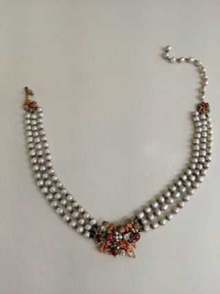 Vintage Demario N.  Y.  Triple Strand Beaded Necklace With Glass And Crystal Stones