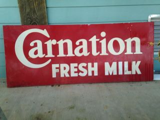 Vintage " Carnation Fresh Milk " Embossed Collectors Metal Sign 28”x71”