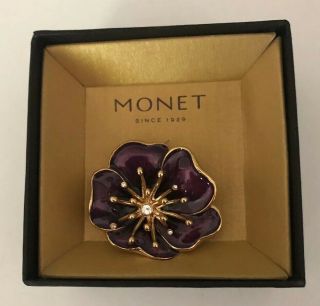 Nib Vintage Signed Monet Enameled Poppy Pansy Flower Pin Purple Plum Gold Brooch