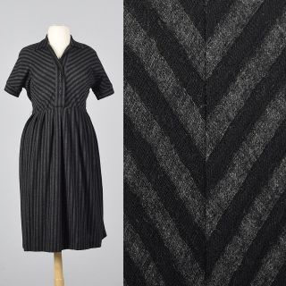 2xl 1950s Chevron Day Dress Gray Black Short Sleeves Plus Size Volup 50s Vtg