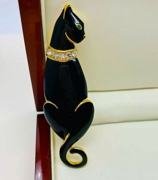 Vintage Jewellery Signed Trifari Black Enamel/clear Rhinestone Cat Brooch/pin