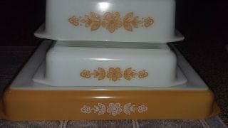 VINTAGE 70 ' s GOLD BUTTERFLY 13 X 9 PYREX CAKE PAN BROWNIE REFRIGERATOR LOAF 5pc 2