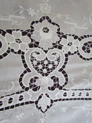 98x64 " Point De Venise Needle Lace Vintage White Tablecloth Linen Hand Embroider