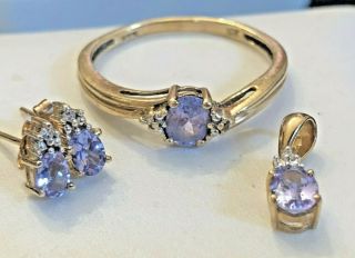 Vintage 10k Gold Tanzanite Ring Earrings & Pendant Set Gemstone Signed Sts
