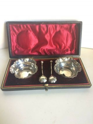 Antique Victorian Solid Silver Mustard / Salts & Spoons Cased 1896