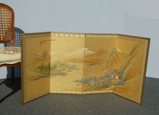 Vintage Oriental Asian Hand Painted Mountain Four Panel Folding Screen Picture