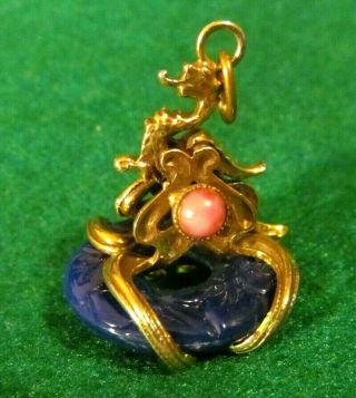 Unusual Rare Vintage Victorian Intaglio Chinese Dragon Disc Gold Charm Fob