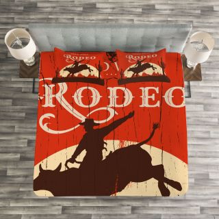 Vintage Quilted Bedspread & Pillow Shams Set,  Rodeo Cowboy Rides Bull Print