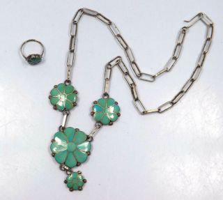Vtg Native American Zuni Vk Silver Turquoise Inlay Flower Necklace And Ring Set