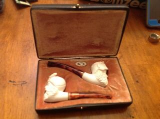 Set Of 2 Meerschaum Bearded Head Face Vintage Pipes Unsmoked In Case