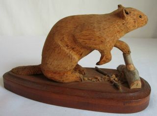 Vintage Signed Folk Art Hand Carved Wood Beaver Sculpture