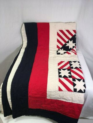 Vintage American Flag Red White Blue Hand Pieced Made Stitched Quilt 86 " X 82 "