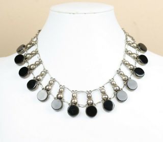 Vintage 925 Mexico Sterling Silver Black Onyx Circles Bib Collar Necklace