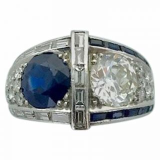 Antique Art Deco Vintage 3ct Round Cut White & Blue Diamond Engagement Ring