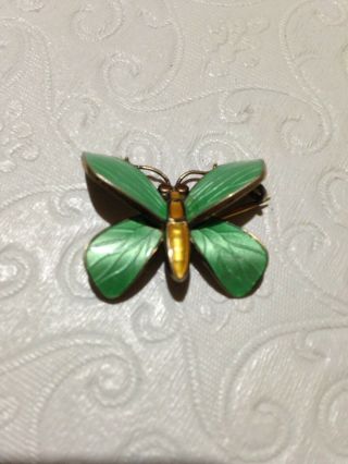 Norway Einar Modahl Light Green Enamel Butterfly Pin 925s Guilloche Gilded