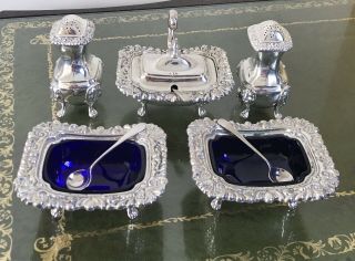 Vintage Silver Plated Five Piece Condiment Set Blue Glass Lion & Claw Supports