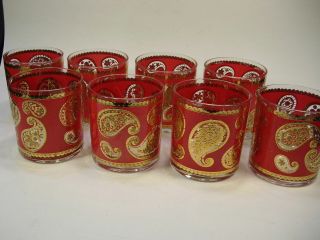 Set 8 Vintage Culver 22k Gold & Red Paisley Low Ball Cocktail Tumbler Glasses