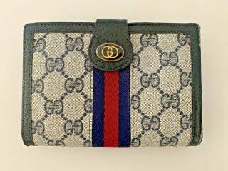 Gucci Vintage Navy Blue Signature Monogram Gg Wallet Coin Purse Racing Stripes